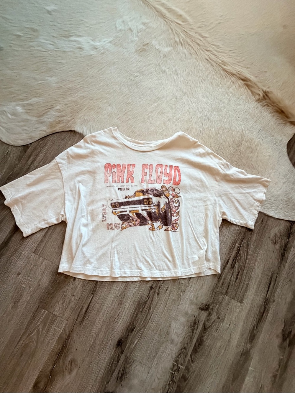 Pink Floyd White Tee with Pink Lettering and Multicolor Car Graphic - Women’s